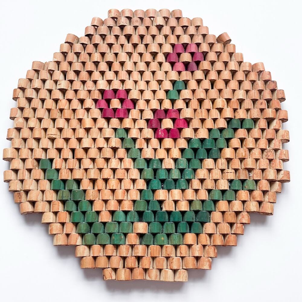 Vintage Bamboo Bead Trivet Red Flowers 7"
